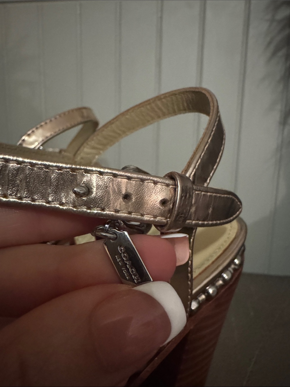 Coach Metallic Rose Gold Block Heel Sandals with Studded Trim - Picture 4 of 8